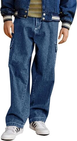 Haloumoning Boys Cargo Baggy Pants Elastic Waist Wide Leg Jeans Casual Demin Pants with Pockets 5-14 Years in Kuwait