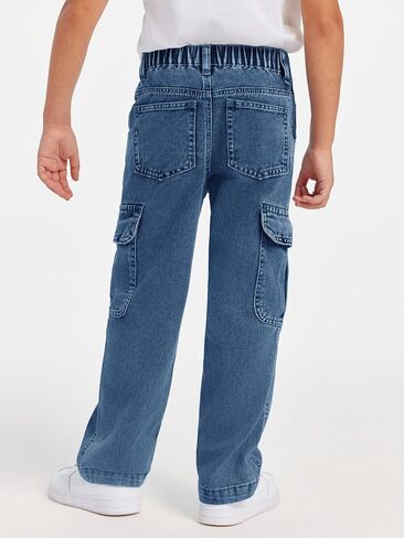 Haloumoning Boys Cargo Baggy Pants Elastic Waist Wide Leg Jeans Casual Demin Pants with Pockets 5-14 Years in Kuwait