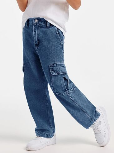 Haloumoning Boys Cargo Baggy Pants Elastic Waist Wide Leg Jeans Casual Demin Pants with Pockets 5-14 Years in Kuwait