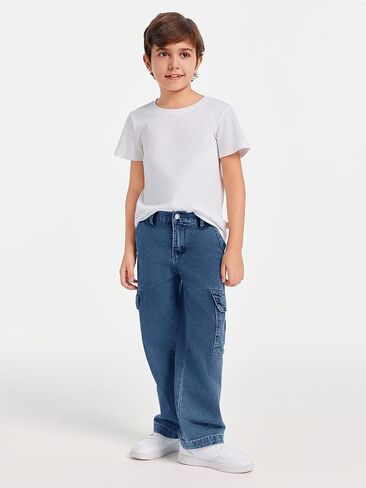 Haloumoning Boys Cargo Baggy Pants Elastic Waist Wide Leg Jeans Casual Demin Pants with Pockets 5-14 Years in Kuwait