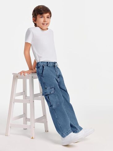 Haloumoning Boys Cargo Baggy Pants Elastic Waist Wide Leg Jeans Casual Demin Pants with Pockets 5-14 Years in Kuwait