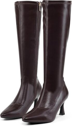 GENSHUO أحذية عالية للركبة للنساء بمقدمة مدببة 3 بوصات كعب عالي ستيليتو أحذية طويلة كلاسيكية عصرية واسعة الساق أحذية طويلة مع سحاب جانبي للشتاء in Kuwait