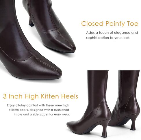 GENSHUO أحذية عالية للركبة للنساء بمقدمة مدببة 3 بوصات كعب عالي ستيليتو أحذية طويلة كلاسيكية عصرية واسعة الساق أحذية طويلة مع سحاب جانبي للشتاء in Kuwait