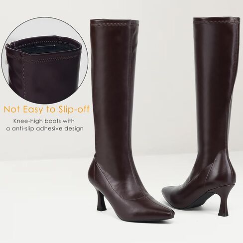 GENSHUO أحذية عالية للركبة للنساء بمقدمة مدببة 3 بوصات كعب عالي ستيليتو أحذية طويلة كلاسيكية عصرية واسعة الساق أحذية طويلة مع سحاب جانبي للشتاء in Kuwait