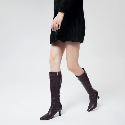 GENSHUO أحذية عالية للركبة للنساء بمقدمة مدببة 3 بوصات كعب عالي ستيليتو أحذية طويلة كلاسيكية عصرية واسعة الساق أحذية طويلة مع سحاب جانبي للشتاء in Kuwait