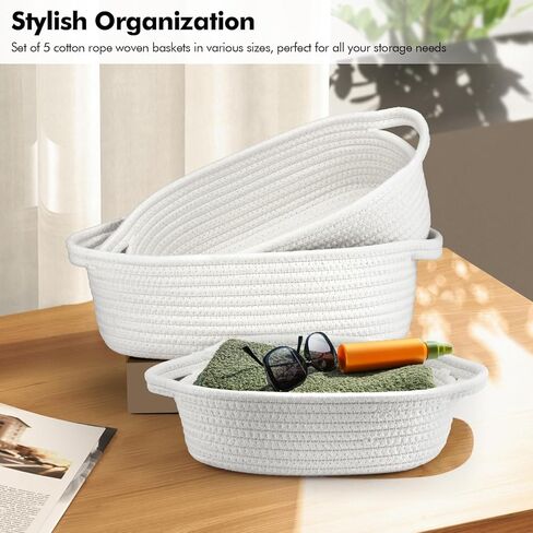 5 Pack Cotton Rope Woven Basket Set, Woven Storage Basket with Handle for Bathroom, Baby Nursery, Kitchen, Bedroom (Off-white) in Saudi Arabia