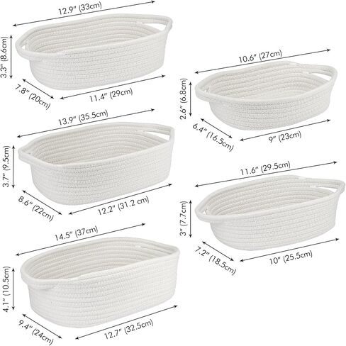 5 Pack Cotton Rope Woven Basket Set, Woven Storage Basket with Handle for Bathroom, Baby Nursery, Kitchen, Bedroom (Off-white) in Saudi Arabia