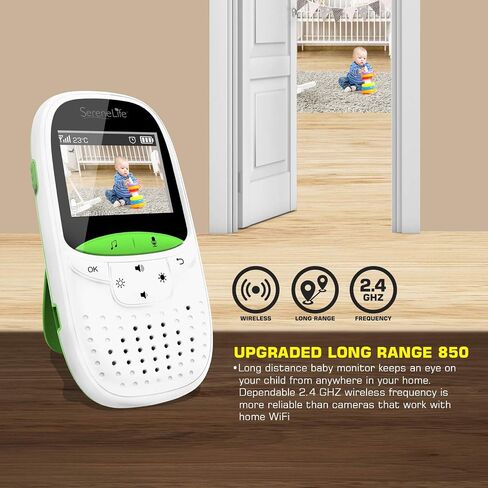 SereneLife USA Video Baby Monitor - Upgraded 850’ Wireless Long Range Camera, Night Vision, Temperature Monitoring and Portable 2" Color Screen with Clip - SLBCAM10.5, Green in Saudi Arabia