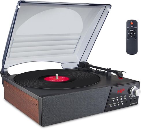 LUXSWAY Record Player, Turntable with Stereo Speakers for Vinyl Records, Vintage Bluetooth 3-Speed Belt Drive, Remote Control, FM Radio/USB Playback/RCA Line-Out/AUX-in/Headphone Jack, Black in Saudi Arabia