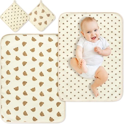 Zainpe 4Pcs Muslin Cotton Waterproof Changing Pad Liners & Washcloth Set Absorbent Leak Proof Baby Rainbow Bed Protector Washable Portable Diaper Changing Table Mat Gifts for Newborn 27.6" X 19.7" in Saudi Arabia