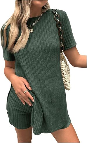 Women's 2 Piece Maternity Outfits Ribbed Knit Split Side Short Sleeve Tee Shirts and Biker Shorts Set in Saudi Arabia