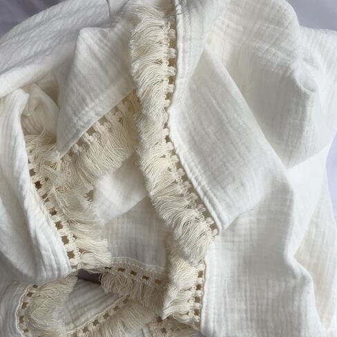Cotton Gauze Fringe Infant Swaddling Blanket - Soft and Breathable Baby Blanket with Delicate Fringe, 47x47 (White) in Saudi Arabia