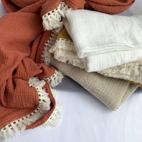 Cotton Gauze Fringe Infant Swaddling Blanket - Soft and Breathable Baby Blanket with Delicate Fringe, 47x47 (White) in Saudi Arabia