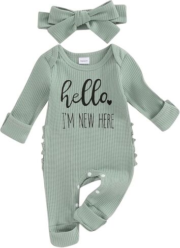 Newborn Baby Girl Fall Winter Outfits Clothes Ribbed Knit Jumpsuit Romper Hello Im New Here Coming Home Outfit in Kuwait