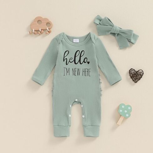 Newborn Baby Girl Fall Winter Outfits Clothes Ribbed Knit Jumpsuit Romper Hello Im New Here Coming Home Outfit in Kuwait