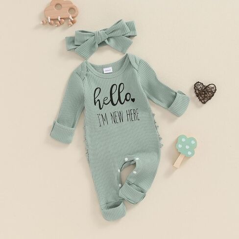 Newborn Baby Girl Fall Winter Outfits Clothes Ribbed Knit Jumpsuit Romper Hello Im New Here Coming Home Outfit in Kuwait