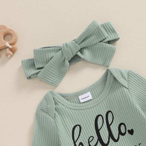 Newborn Baby Girl Fall Winter Outfits Clothes Ribbed Knit Jumpsuit Romper Hello Im New Here Coming Home Outfit in Kuwait