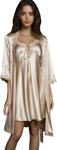 Women Sexy Silk Satin Robe Camisole Pajama Dress 2 Piece Suit Sleepwear Best Gift for Girls, Pink, Small in Saudi Arabia