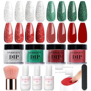 AZUREBEAUTY 12 Pcs Dip Powder Nail Kit Starter, Spring Summer Bright Pastel Green Hot Pink Purple 4 Colors Dipping Powder Liquid Set with Base/Top Coat Activator for French Nail Art Manicure DIY Gift