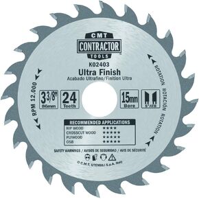 CMT K02403 ITK Contractor Ultra Finish Saw Blade and 3-3/8 X 24 Teeth, 5-Degree ATB with 15mm Bore