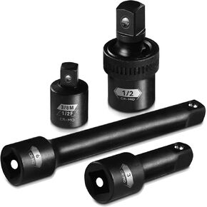 4 Pcs 1/2-Inch Drive Impact Extension Bar and Adapter Set, Includes 2 Pcs 1/2'' Extension Bars (3, 6-inch), Swivel Socket, 1/2 to 3/8 Impact Adapter, CR-MO