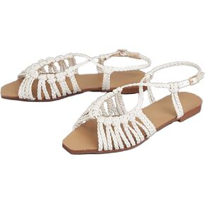 Women's Braided Strappy Gladiator Flat Sandals with Adjustable Ankle Strap Open Toe Non-Slip Lightweight Summer Sandals for Beach Outdoor Vacation