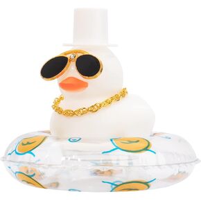 wonuu Diamond Glasses White Ducks Swim Ring Rubber Ducks with Mini Hat Necklace for Cars Dashboard Decorations Car Ornaments Toy Duck Car Accessories, Black White&Gold