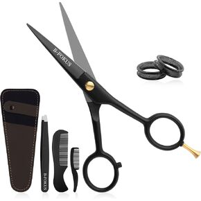 B-FOKUS - Professional Mustache Scissors, 5 Inches Black Mustache and Beard Scissors, German Stainless Steel Mustache Beard Scissors for Men with Comb Set, Cleaning Cloth and Leather Zipper Case.