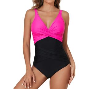Smismivo Tummy Control Swimsuits for Women Slimming One Piece Bathing Suit Retro Ruched Push Up Vintage Padded Swimwear