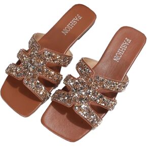 Women's Rhinestone Square Toe Flat Slides Fashion Glitter Open Toe Slip-On Dress Slide Sandals Summer Casual Soft Beach Walking Slides Sandals