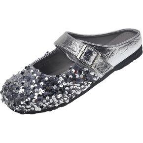 Women's Closed Round Toe Flat Slip-ons Mulle Sandals Personality Glitter Sequin Adjustable Strap Buckle Mary Jane Clogs Casual Backless Loafers