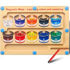 Magnetic Color and Number Maze Wooden Magnetic Sorting Board Montessori Magnetic Maze Board Magnetic Maze Toys Magnetic Maze Puzzle for Kids 3+ Years Old to Learn Colors and Counting