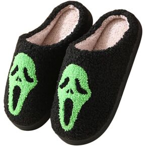 Halloween Skull Plush Slippers for Women Men Anti-slip Soft Sole House Shoes，Cozy Warm Fuzzy Ghost Face Slippers
