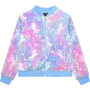 Girls Sequin Jackets Kids Bomber Jacket with Pockets Sparkle Outwear Zipper Coat Long Sleeve Birthday Jackets