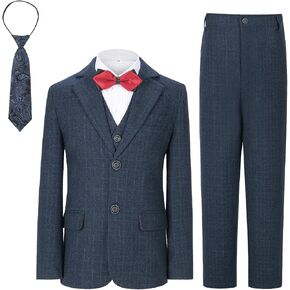 Boys Formal Suit Set Kids Toddler Tuxedo Slim Fit Plaid Suits for Teenage Boys 5-Piece Wedding Party Outfit