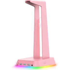 RGB Gaming Headset Stand with 3 USB 2.0 Hubs & 3.5MM Audio Jack, Versatile Wired & Wireless Over-Ear Headphones Holder Headsets Hanger, Sturdy Rubber Anti-Slip Base for Desk