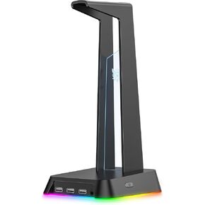 حامل سماعة رأس للألعاب RGB مع 3 محاور USB 2.0 ومقبس صوت 3.5 مم، حامل سماعات رأس سلكية ولاسلكية متعددة الاستخدامات فوق الأذن، قاعدة مطاطية قوية مضادة للانزلاق للمكتب