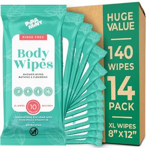 Body Wipes - (14 Pack) – 140 XL Bath Wipes for Adults No Rinse, Adult Wipes for Elderly - Body & Face Gentle Skin Cleansing, Shower Wipes Bathing for Travel, Elderly, Car, Gym, Camping (8x12 Inch)