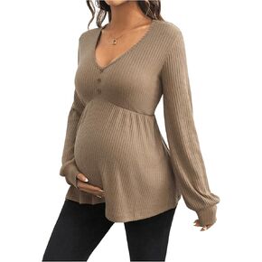 MakeMeChic Women's Maternity Top Shirt Ruffle Hem Long Sleeve Knit Pregnancy Tops