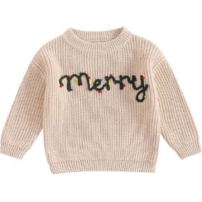 Kids Toddler Christmas Sweater Boys Girls Christmas Tree Embroidery Long Sleeve Knit Sweater Pullover Sweatshirt Top