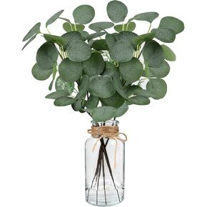 Fall Faux Eucalyptus Stems in Glass Vase 14.2" 6pcs Artificial Autumn Eucalyptus Branches with Vase Fall Home Table Decor Fake Fall Plants Stems for Farmhouse Kitchen Bathroom Decorations