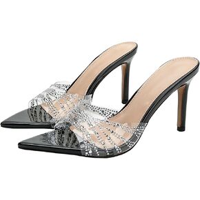 Women's Rhinestone Clear Pointed Open Toe Stiletto Heel Slide Sandals Slip-On Transparent Sexy Dress High Heels Mules Wedding Bridal Party Dress Slipper Shoes