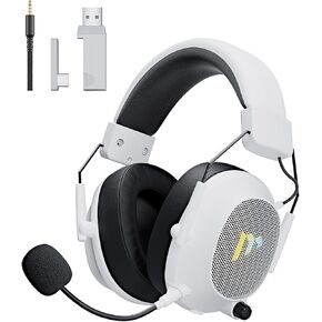 Mytrix Tac Master 2.4GHz Wireless Gaming Headset with Noise Canceling Microphone for PC, PS4, PS5, Mac, Bluetooth 5.3 Gaming Headphones with RGB Light, Surround Sound, 48H Battery (White)