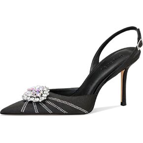 Slingback Heeled Sandals for Women, Rhinestone Pointed Toe Stiletto Heels Ankle Strap High Heels Sandals Closed Toe Dressy Wedding Party Pumps Shoes Black (3.34 inch)