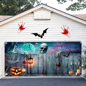 Avezano 6x13ft Halloween Garage Door Banner Horrible Halloween Photography Backdrop Huge Scary Skull Lantern Wooden Halloween Garage Door Backdrop Outdoor