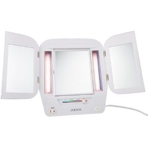 JERDON Tri-Fold Two-Sided Makeup Mirror with Lights - Vanity Mirror with 5X Magnification & Multiple Light Settings - White Base - Model JGL9W