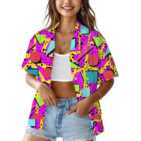 HUGLAZY 80s 90s الزي للنساء النيون حفلة الزي 80s قمصان هاواي الأزهار الاستوائية قمصان الصيف in Kuwait