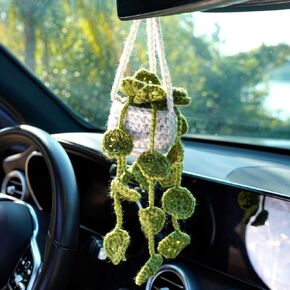 Cute Car Crochet Hanging Ornament Accessories Handmade Knitted Car Mirror Decor Hanging Decoration Plant Mirror Hanging Car