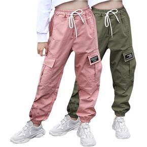 SANGTREE Girl's&Women's 2 Packs Cargo Pants Elastic Waist Drawstring Tapered Multi Pockets Cargo Jogger Pants