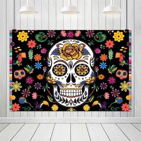 10x8ft Festival Dia De Los Muertos Photography Backdrop Sugar Skulls and Flowers Patterns Background for Day of The Dead Dalia Dress-up Decoration Photo Booth Props